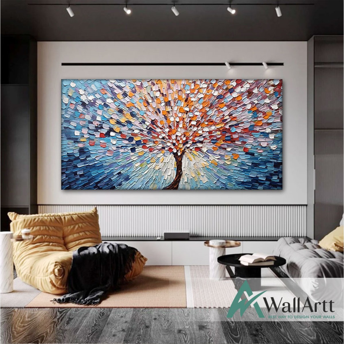 Abstract Orange Blue Tree 3d Heavy Textured Partial Oil Painting